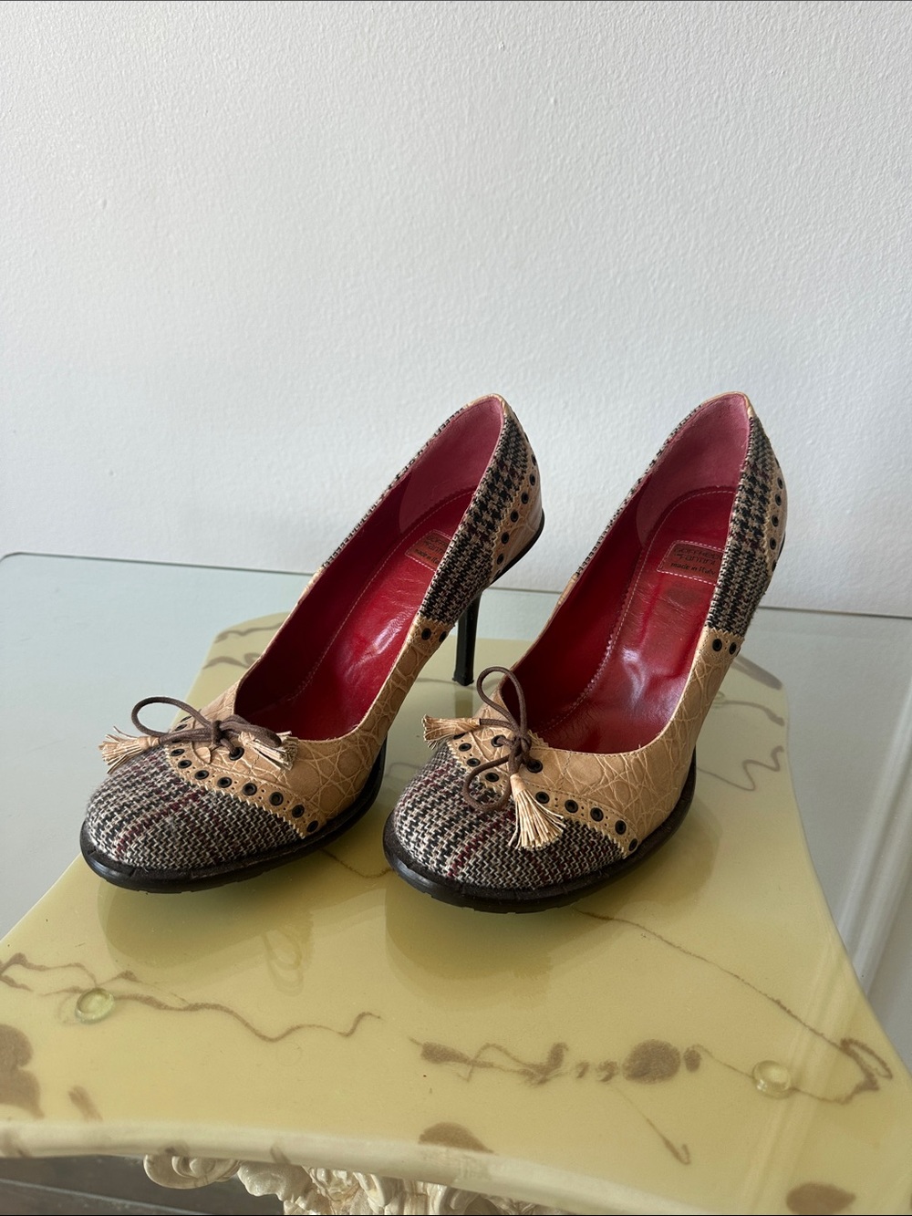 Tweed and Tan Tassel High Heels